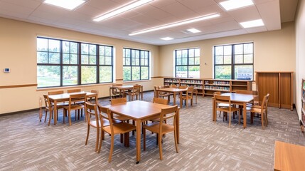 Bright and spacious library study area with wooden tables and chairs, surrounded by large windows
