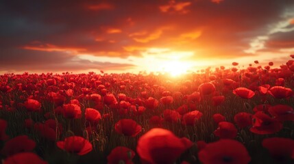 Dramatic Sunset Over Red Poppy Field with Contrasting Sky and Vibrant Light Colors Illuminating the Blooms