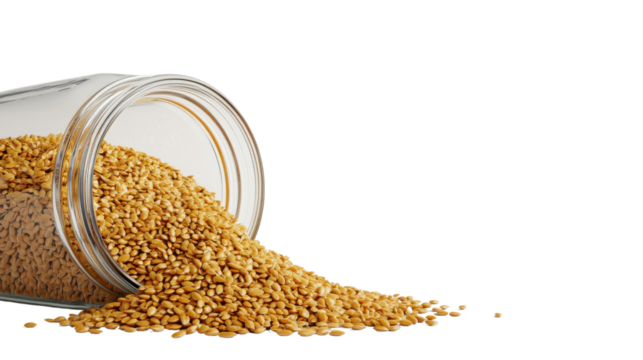 A clear glass jar tipped over, spilling golden sesame seeds onto a clean surface, highlighting the texture and color of the seeds.