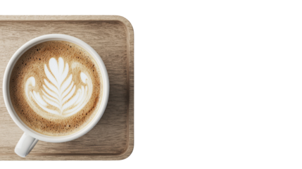 A beautifully crafted latte with intricate foam art served on a wooden tray, perfect for coffee lovers and cafe ambiance.