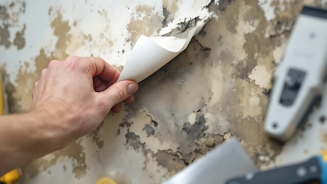 Hand peeling back damp wallpaper revealing toxic black mold growing on wall