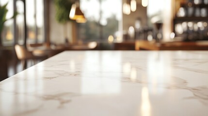 Elegant marble countertop in a modern cafe setting showcasing a clean aesthetic ambiance