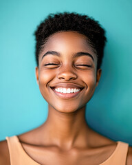 Joyful smile of a young girl studio portrait vibrant background close-up