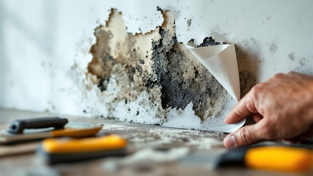 Hand peeling back damp wallpaper revealing toxic black mold growing on wall