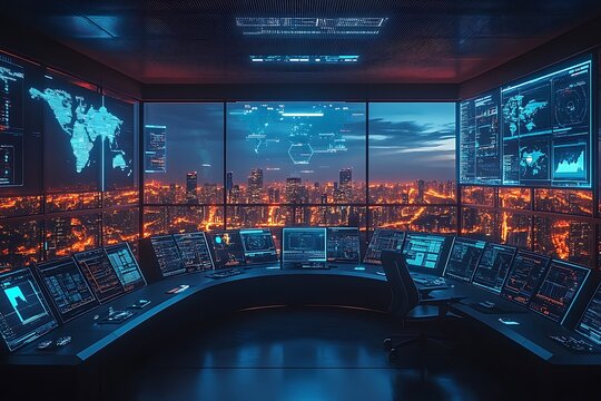 Night view of a modern control room with many computer screens displaying data and a cityscape at night.