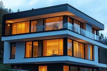 Modern architecture: exterior view of a multi-story house with large windows illuminating the interior