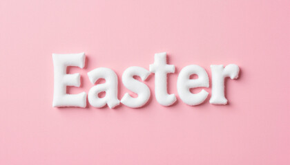 Fluffy 3D text "Easter" made from cotton candy on a pastel pink background, festive mood