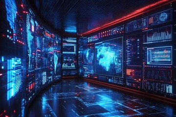 Obraz premium Futuristic digital room with glowing screens displaying data, charts, and a world map.