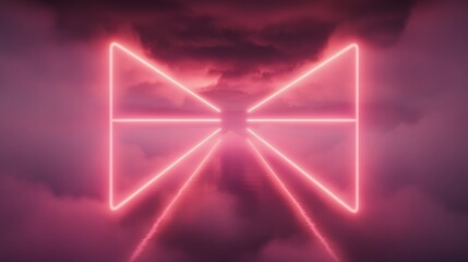 Fototapeta premium Pink neon light forms a geometric shape against a moody, cloudy sky. Futuristic and dreamy.