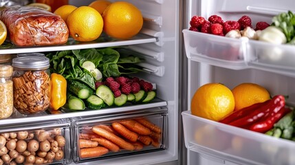 Open Refrigerator with Neatly Stacked Produce and Foods