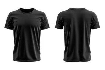 Black empty blank front and back side t-shirt mockup template close up detail against transparent PNG background.