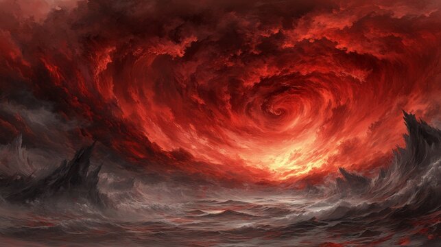 Fiery vortex of swirling red clouds above a dark, turbulent sea.  A dramatic, apocalyptic scene.