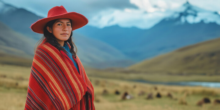 Indigenous quechua woman wearing traditional clothes in andes mountains, peru