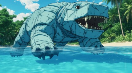 A massive stone-like creature emerges from the turquoise water near a tropical beach.  Its imposing presence dominates the scene.