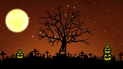 Scary night of halloween background with stars, moon, trees, and pumpkins. Halloween background. 3d illustration