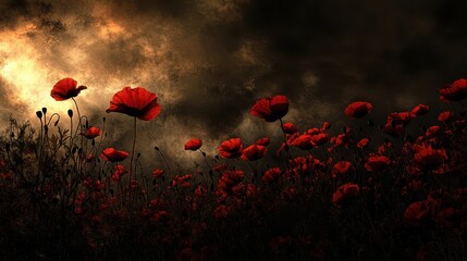 Obraz premium Illuminated Poppies at Sunset with Moody Clouds Creating a Dramatic and Serene Atmosphere in the Background of Nature's Canvas