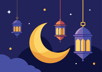 Ramadan Night Sky, Crescent Moon, Stars, Festive Lights, Elegant Vector Illustration for Islamic    