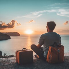 Fototapeta premium Man Observing Sunset Over Calm Sea from Scenic Cliffside Location