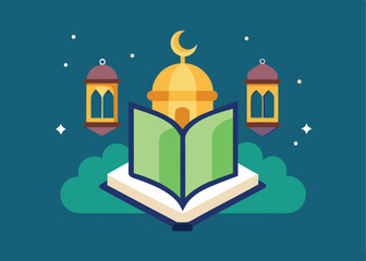 Naklejka premium Ramadan Kareem, Open Quran, Lanterns, Stars. Festive Islamic Vector Design for Greetings, Cards, and