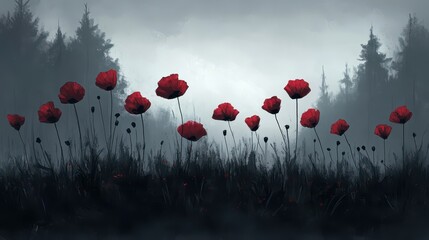 Obraz premium Radiant Poppies Under a Moody Overcast Sky with a Mysterious Landscape and Gentle Hues of Red and Gray in a Tranquil Natural Space