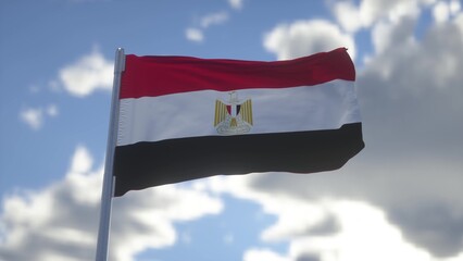 Realistic flag of Egypt waving in the wind against deep blue sky. 3d illustration
