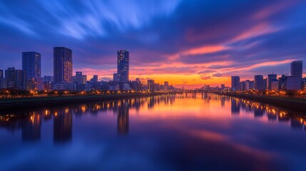Naklejka premium Scenic city skyline at sunset with vibrant color reflecting on a calm river, showcasing urban life