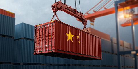 Crane lifting cargo container with chinese flag at port terminal