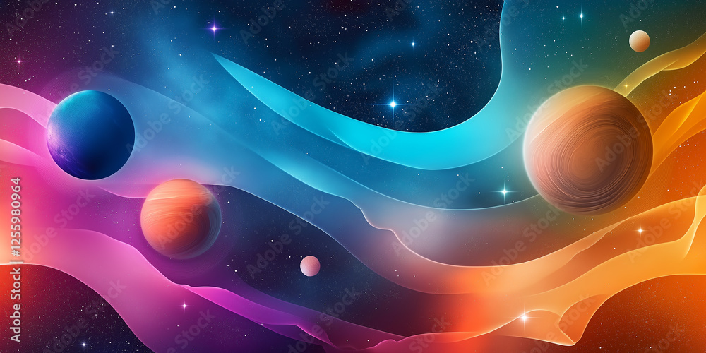 Poster colorful vibrant planets and nebula clouds creating stunning cosmic scene