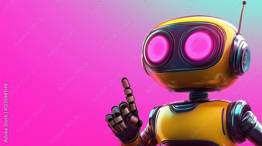 Poster Yellow robot pointing finger with pink and turquoise background