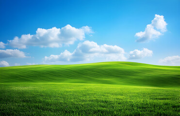 Obraz premium Vibrant Green Rolling Hills Under a Clear Blue Sky with White Clouds