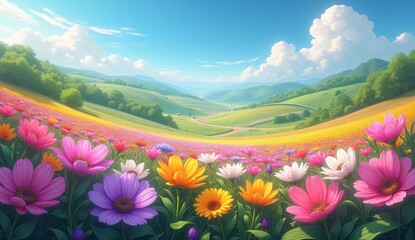 Fototapeta premium A field of flowers with a blue sky in the background.