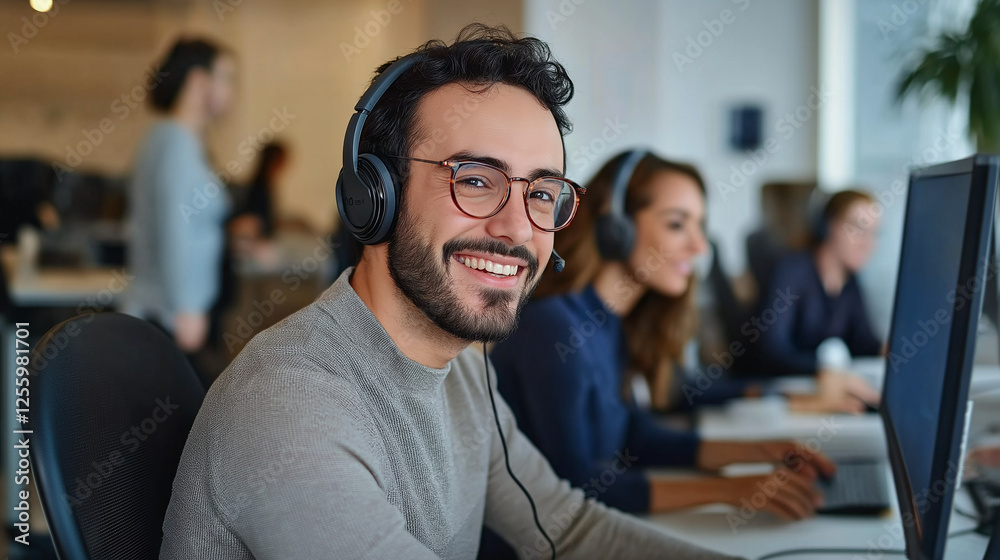 Poster smiling male operator working with headset in busy call center office