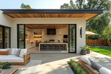 Indoor-outdoor living with modern kitchen and patio setup Perfect for entertaining!