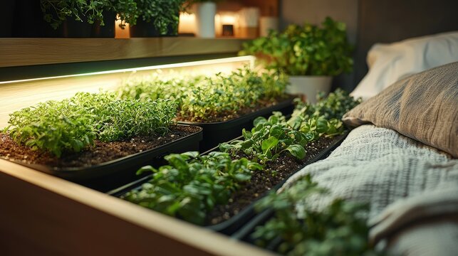 Indoor herb garden by bed with cozy lighting enhancing home ambiance and relaxation
