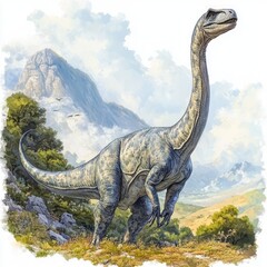 Fototapeta premium Majestic Dinosaur in Mountainous Landscape with Lush Greenery and Clear Sky