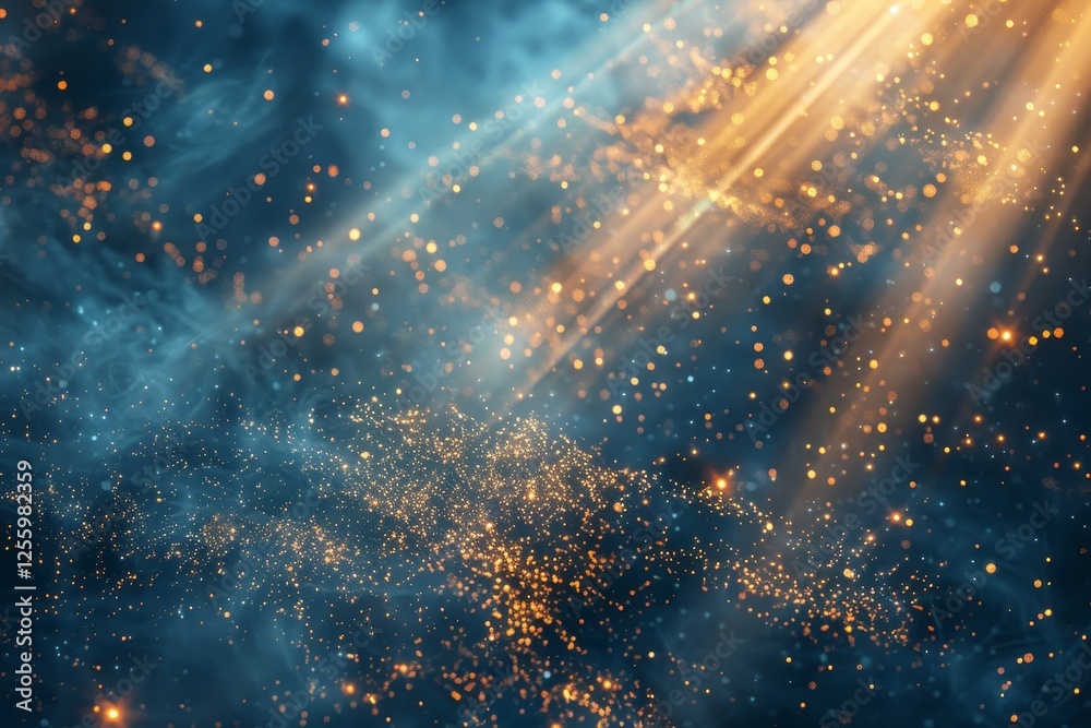 Poster dynamic big data visualization abstract background with light rays and bokeh in blue and gold