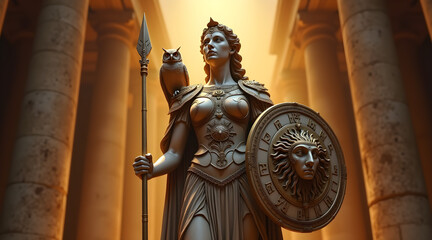 A majestic statue of Minerva, the Roman goddess of wisdom, war, and strategy, standing in a grand temple. Adorned with armor, shield, and an owl, she symbolizes knowledge and power.