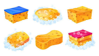 Cartoon yellow sponges. Bath or kitchen sponge with porous texture for scrub skin body washing foam bubbles and dish cleaning, home shower bath equipment tidy vector illustration