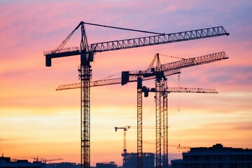 Construction cranes at sunset, city skyline backdrop; industrial development image