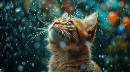 Ginger kitten gazing upward in snowy garden, bokeh lights