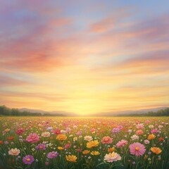 Fototapeta premium Serene Sunset Over Blooming Flower Field with Vibrant Colors
