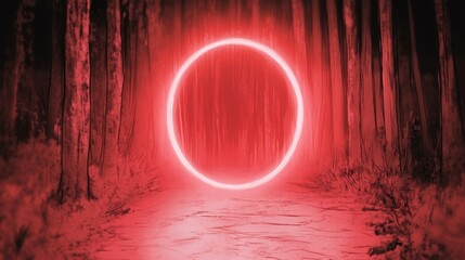 Obraz premium Mysterious red neon circle in a dark forest. Surreal and atmospheric.
