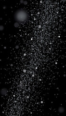 Obraz premium Million of Star Dust, Photo image of falling down shower rain snow, heavy snows storm flying. Freeze shot on black background isolated overlay. Spray water fog smoke as star particle on wind, isomet