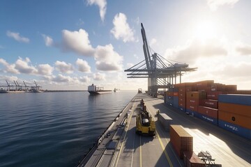 Container ship arriving at port, cargo handling