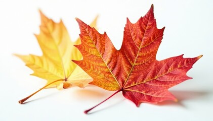 Obraz premium Close-up of a single maple leaf with intricate veins on a white background, leaf, closeup, foliage