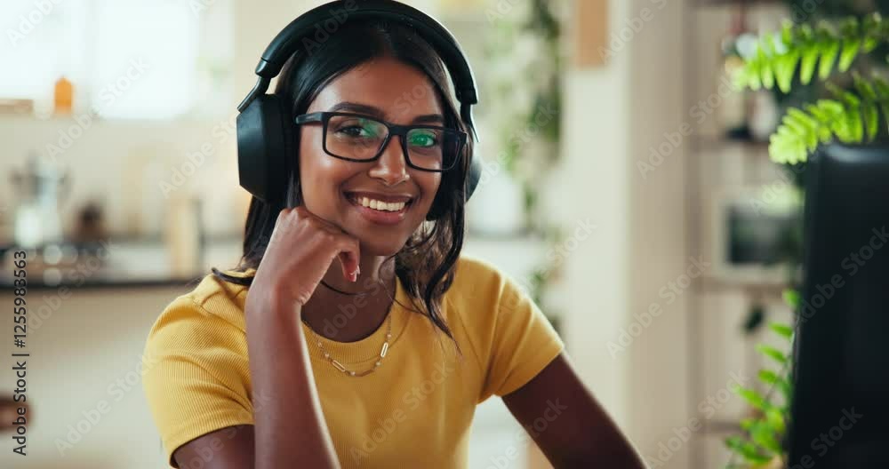 Poster Face, coder and computer with woman at home for freelance developer, gaming programmer and research. Gameplay database, character design and remote software engineer with person and headphones