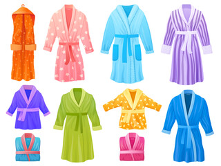 Cartoon bathrobes. Dressing gown, spa bathrobe housecoat with belt home bathroom clothing shower robe luxury hotel dress soft cotton kimono or pajamas, tidy vector illustration