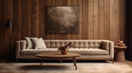 Elegant Beige Velvet Sofa in Wood Accented Room