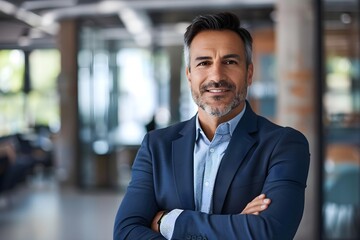 Fototapeta premium Confident Business Professional Displays Success and Achievement in Modern Office Setting, Exuding Leadership and Expertise with Positivity.
