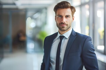 Fototapeta premium Confident Businessman in Modern Office Setting: A Portrait of Success and Professionalism, Reflecting Ambition and Corporate Attire.